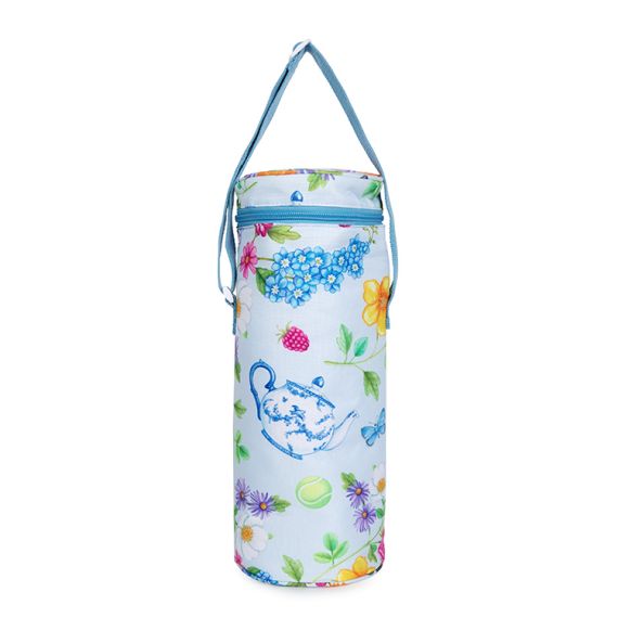 Blue wine cooler printed with florals and other royal summertime symbols including fruit, tennis balls and floral teapots. There is a blue handle and blue zip round the top of the wine cooler.